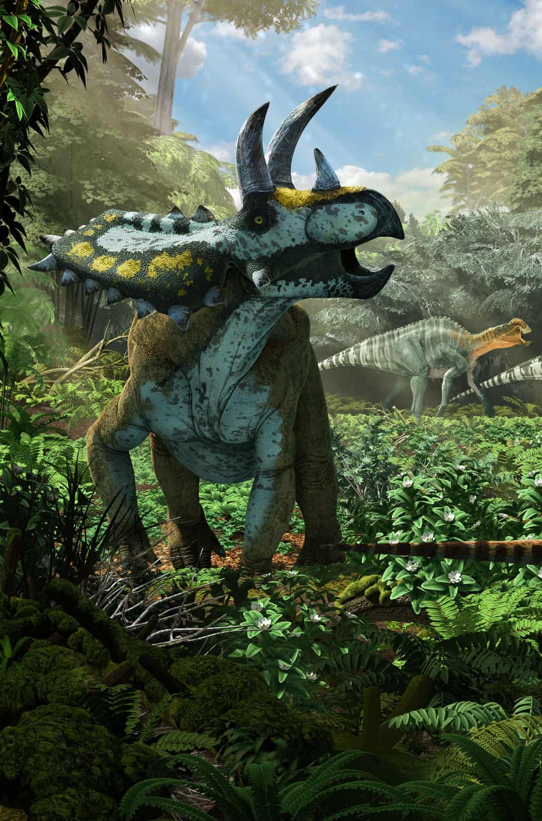 Coahuila Dinosaurs, Mexico Desconocido Magazine. Diorama detail; Coahuilaceratops. Art by Román García Mora.